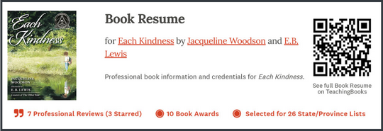 Screenshot of Heading to TeachingBooks Book Resume for Each Kindness by Jacqueline Woodson and E.B. Lewis